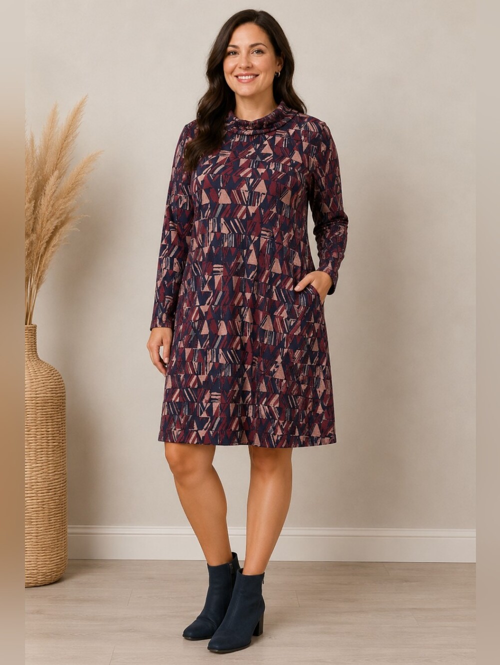 Lily And Me Geometric Pattern Long Sleeve Tunic - Pink & Navy